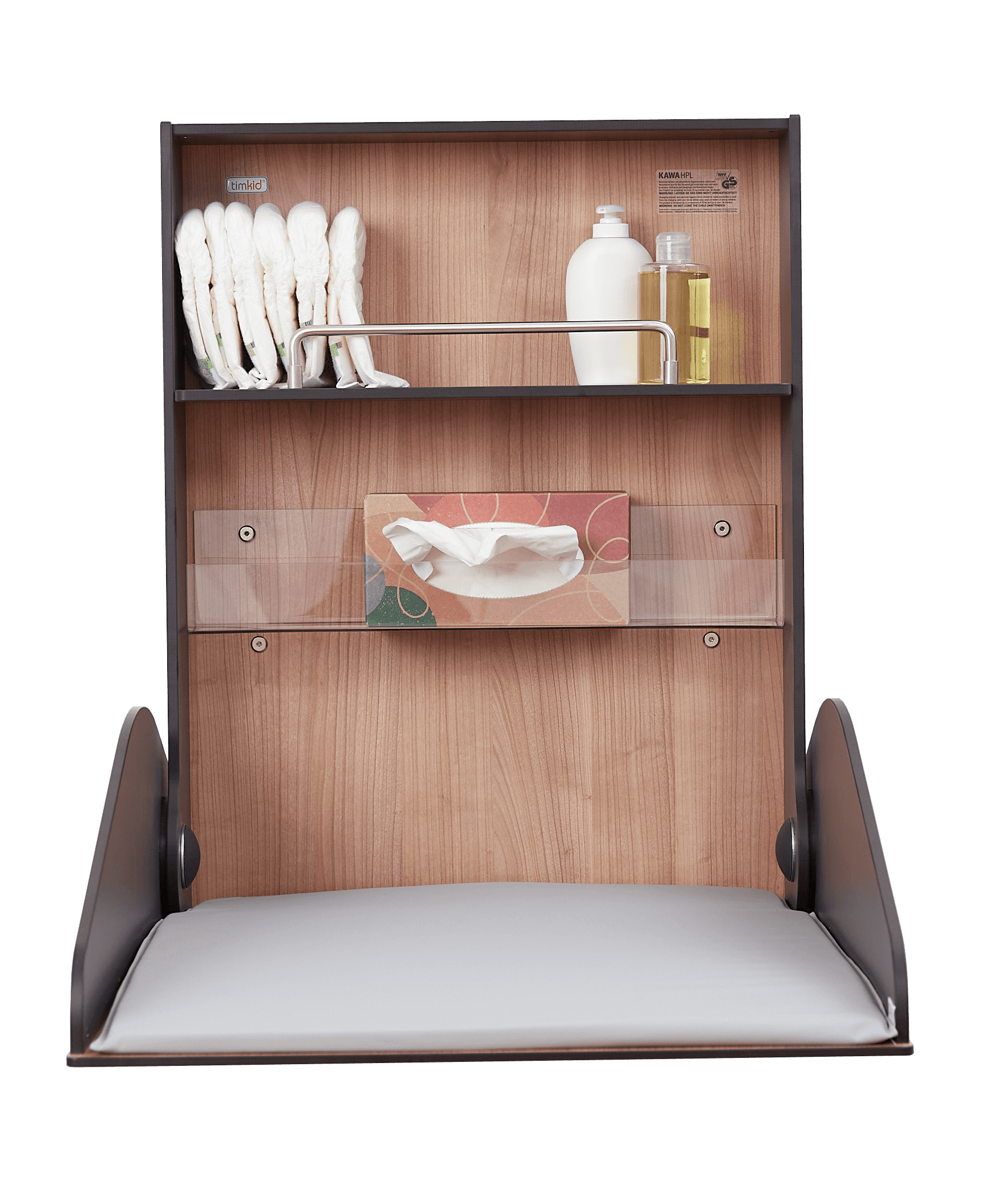 Wall-mounted folding changing table, front view, minimalist interior palette