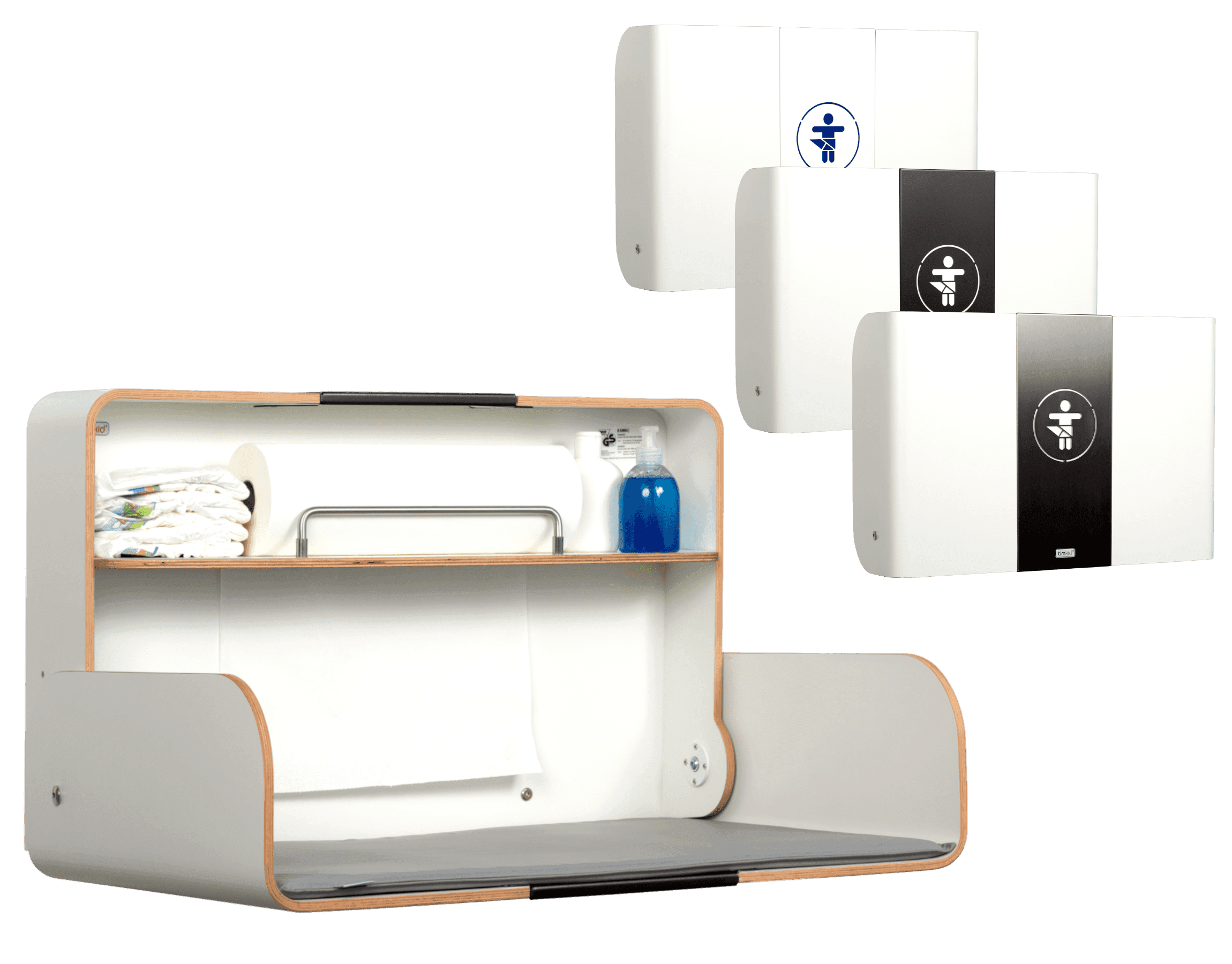 Wall-mounted changing stations in a bright showroom-style setting