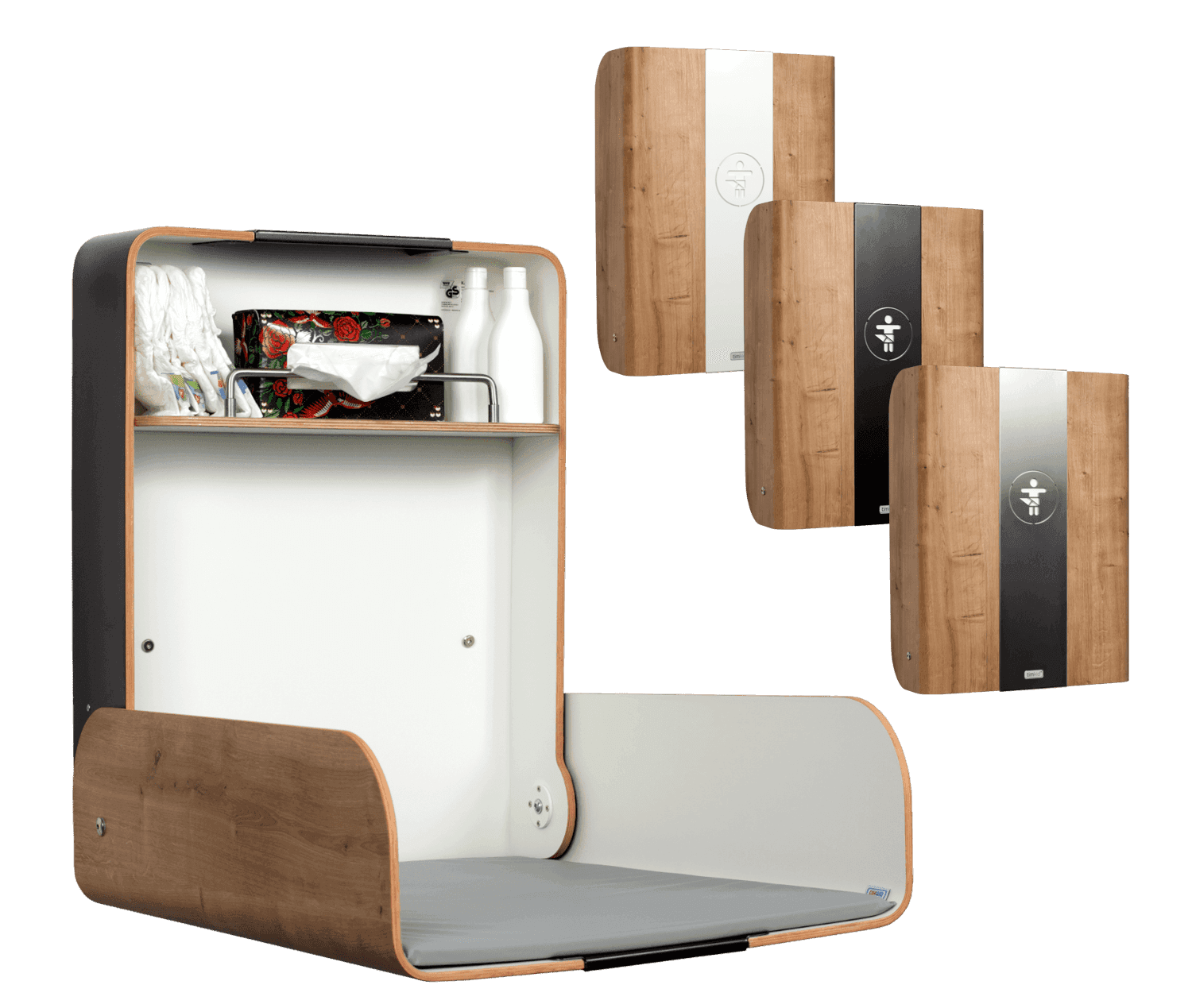 Oak-finish wall-mounted changing table staged in an elegant washroom-inspired interior